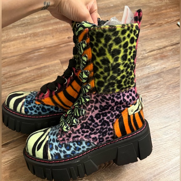 Current Mood Shoes - Party animal zebra , cheetah print furry combat platform Boots
